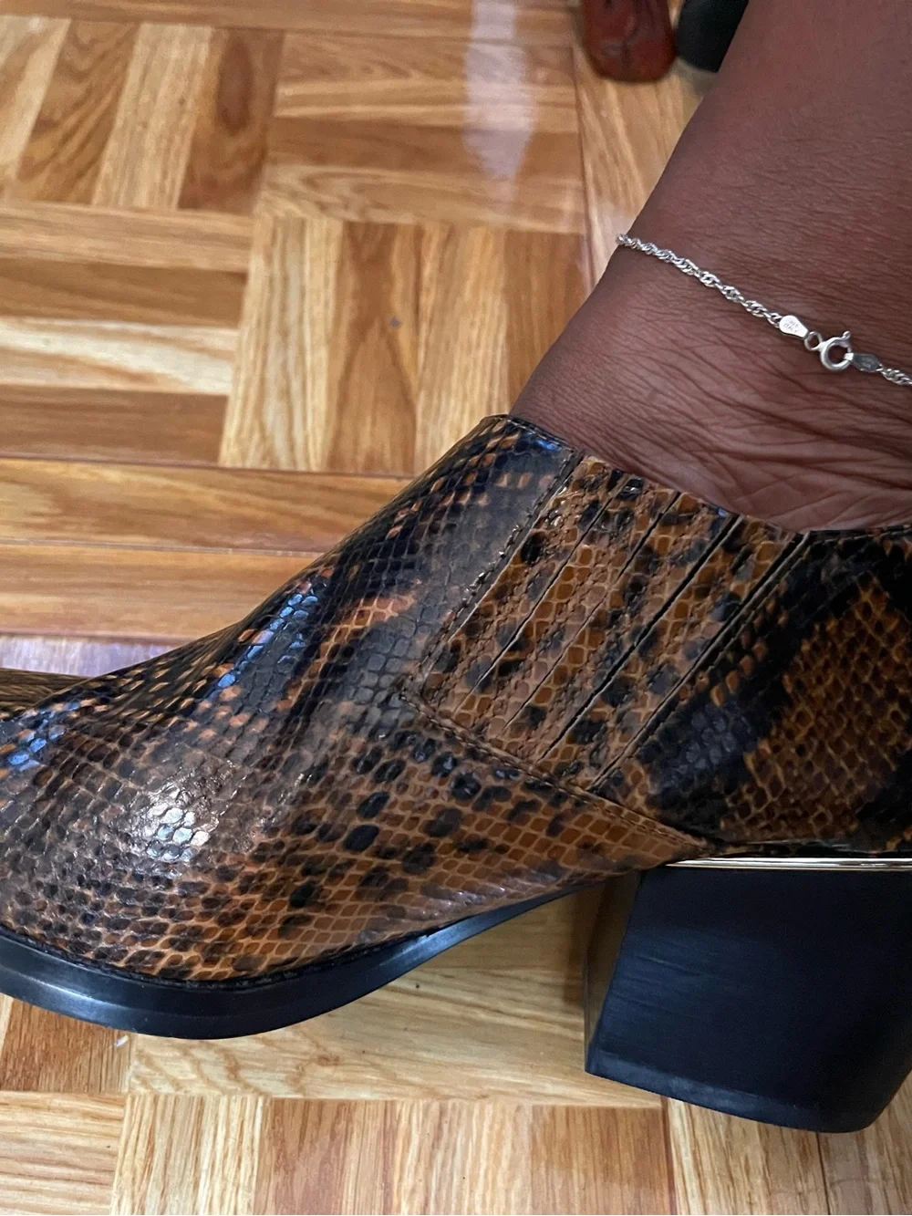 Snake-Print Pointed Toe Ankle Boot - Brown